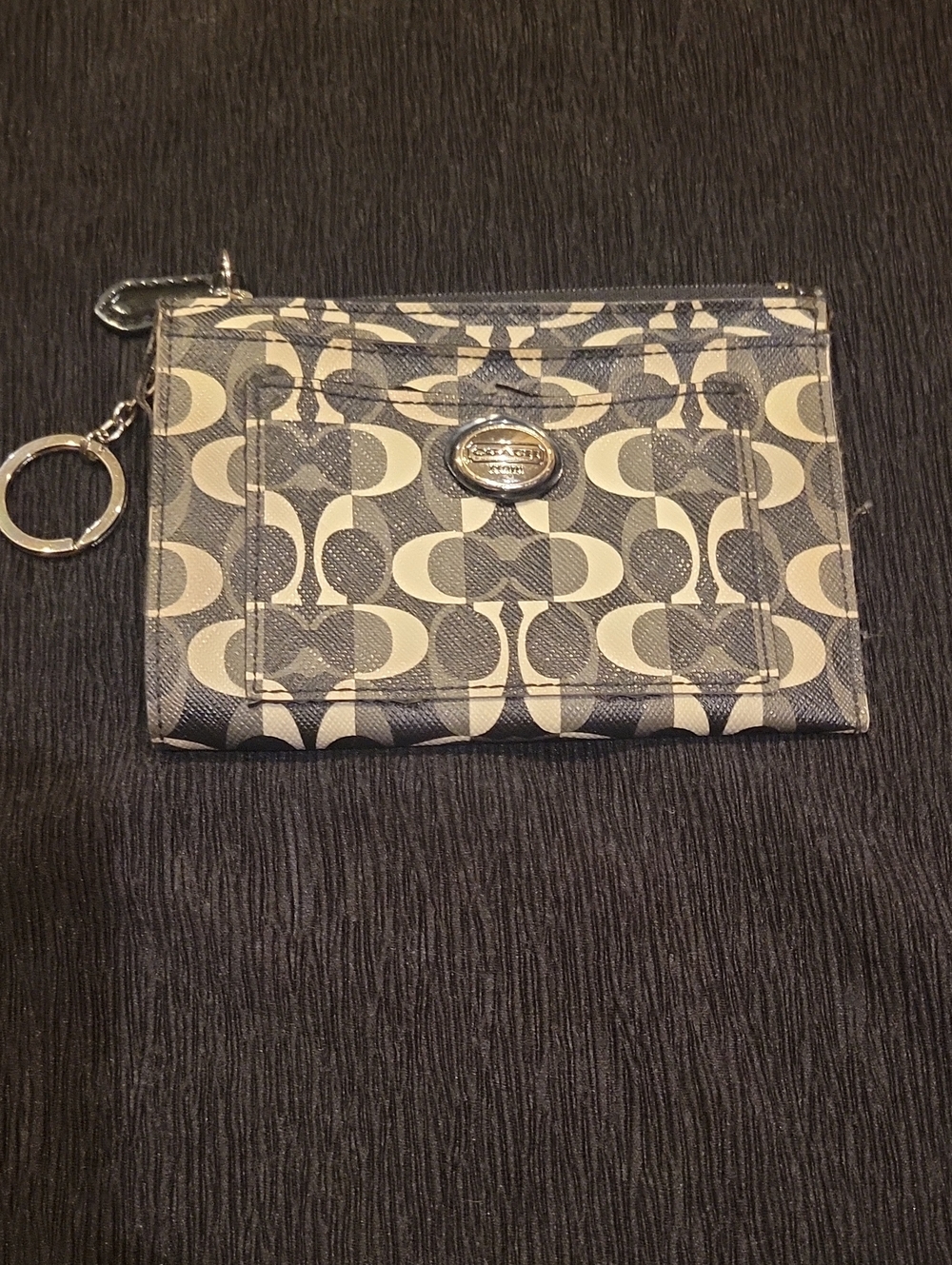 Coach Black and Cream Signature Card Wallet with Key Ring